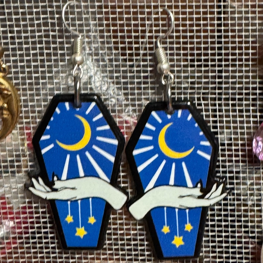2 pair! Blue Coffin Earrings with Moon and Stars and Red with hand/snake